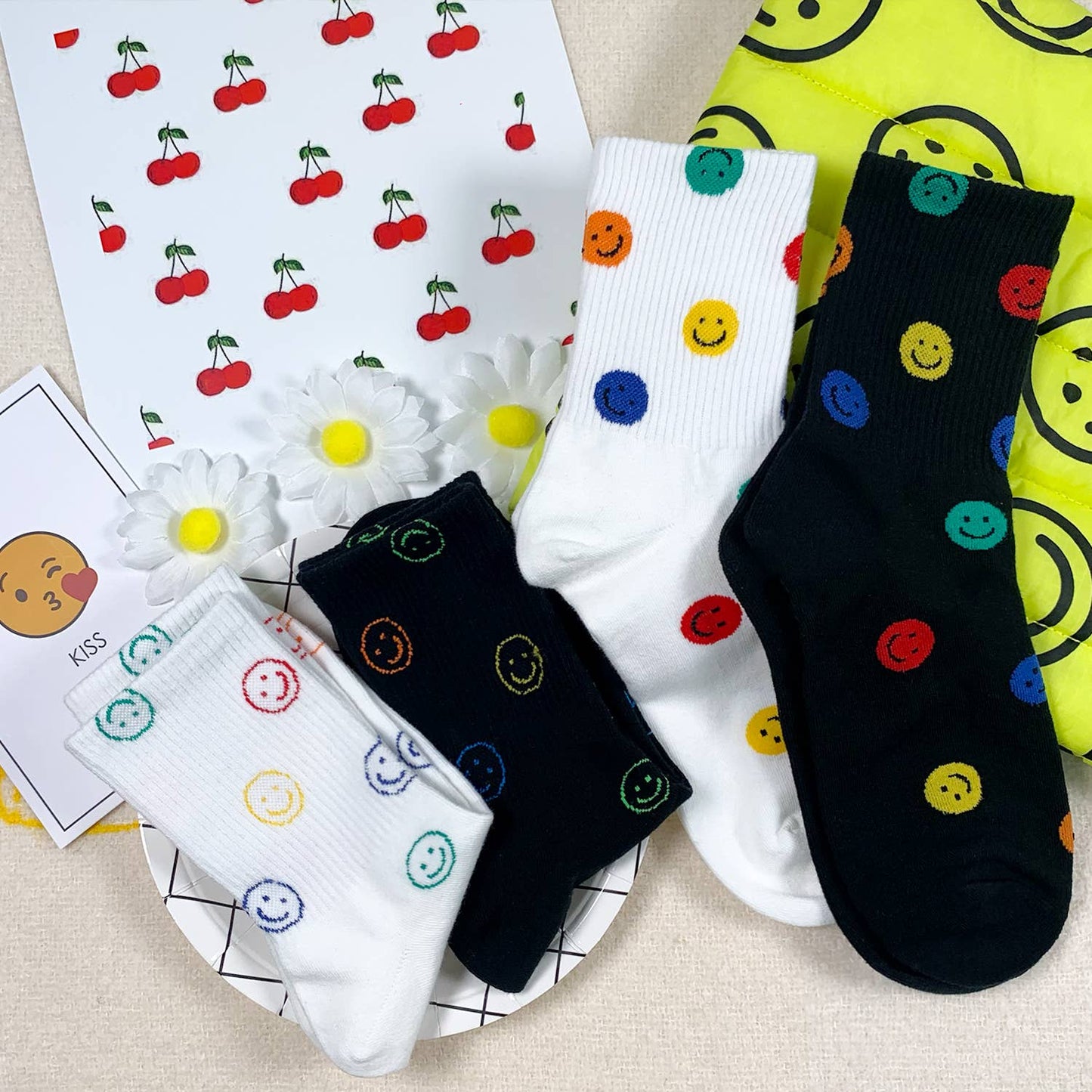 Popping Smile Women's Crew Socks | 80's Smiley Face Socks [Size 5-10]