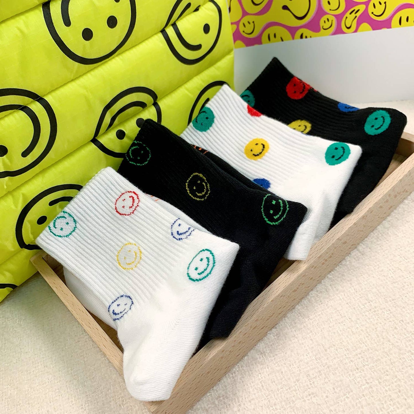 Popping Smile Women's Crew Socks | 80's Smiley Face Socks [Size 5-10]