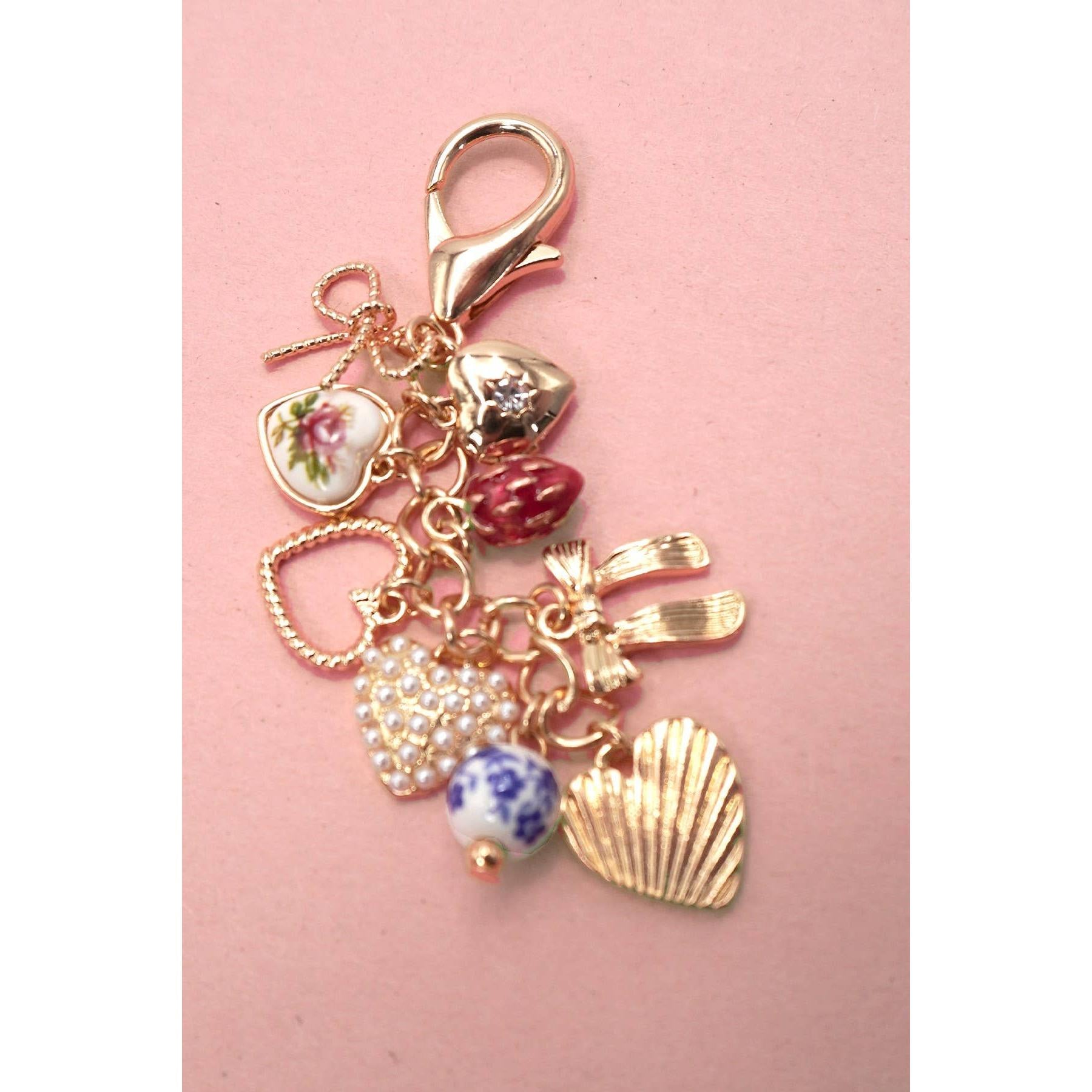 Porcelain Coquettecore Bows Hearts Pearl Strawberry Bag Charm in Gold Plating | 3.5" Long Keychain Tote Purse Accessories