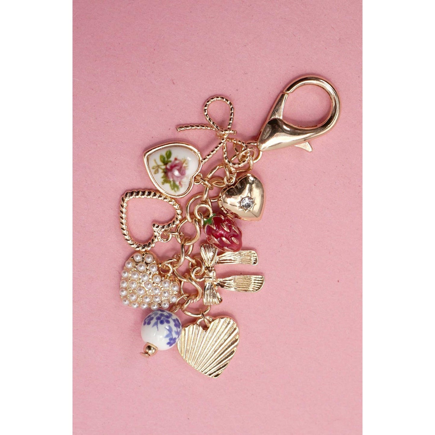 Porcelain Coquettecore Bows Hearts Pearl Strawberry Bag Charm in Gold Plating | 3.5" Long Keychain Tote Purse Accessories