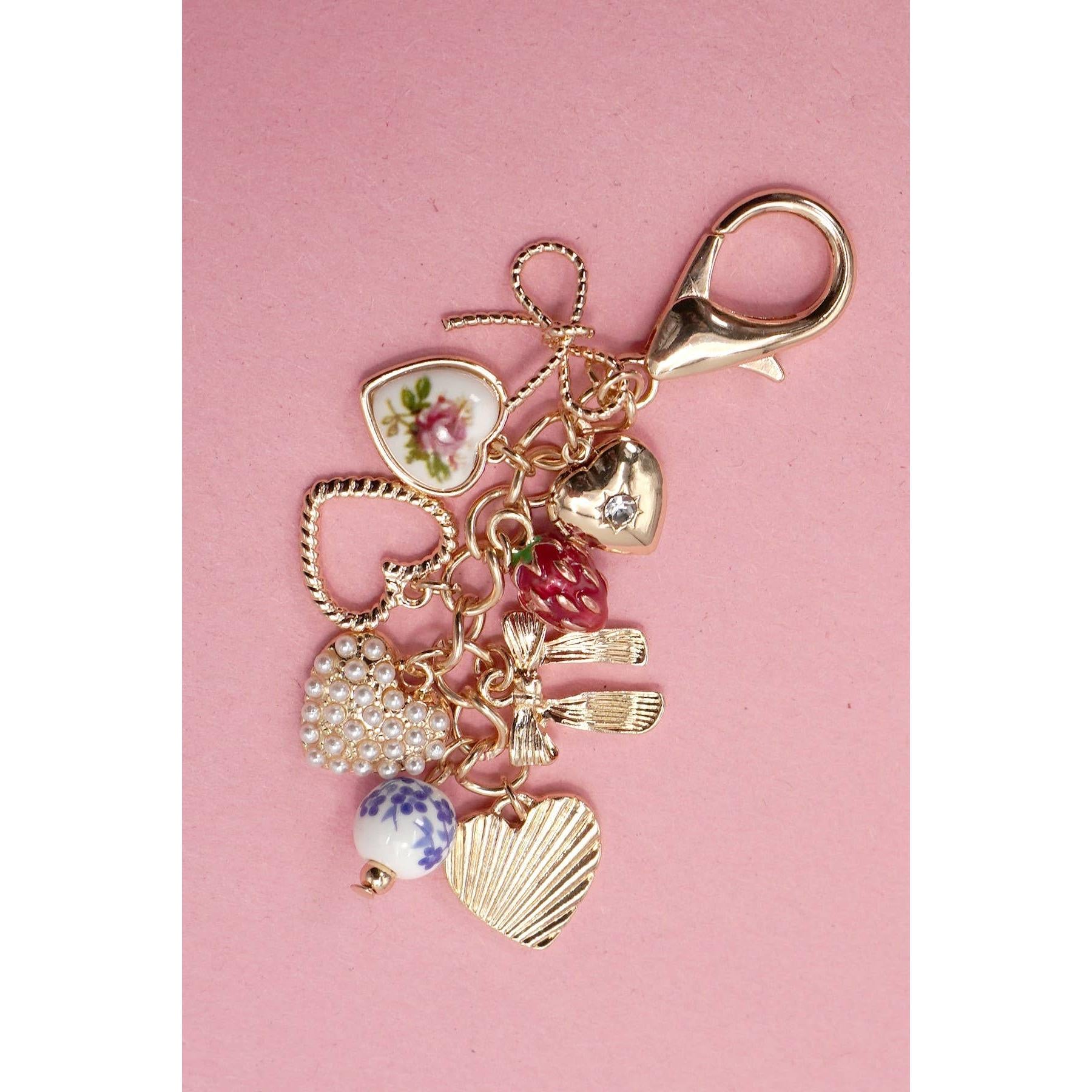 Porcelain Coquettecore Bows Hearts Pearl Strawberry Bag Charm in Gold Plating | 3.5" Long Keychain Tote Purse Accessories
