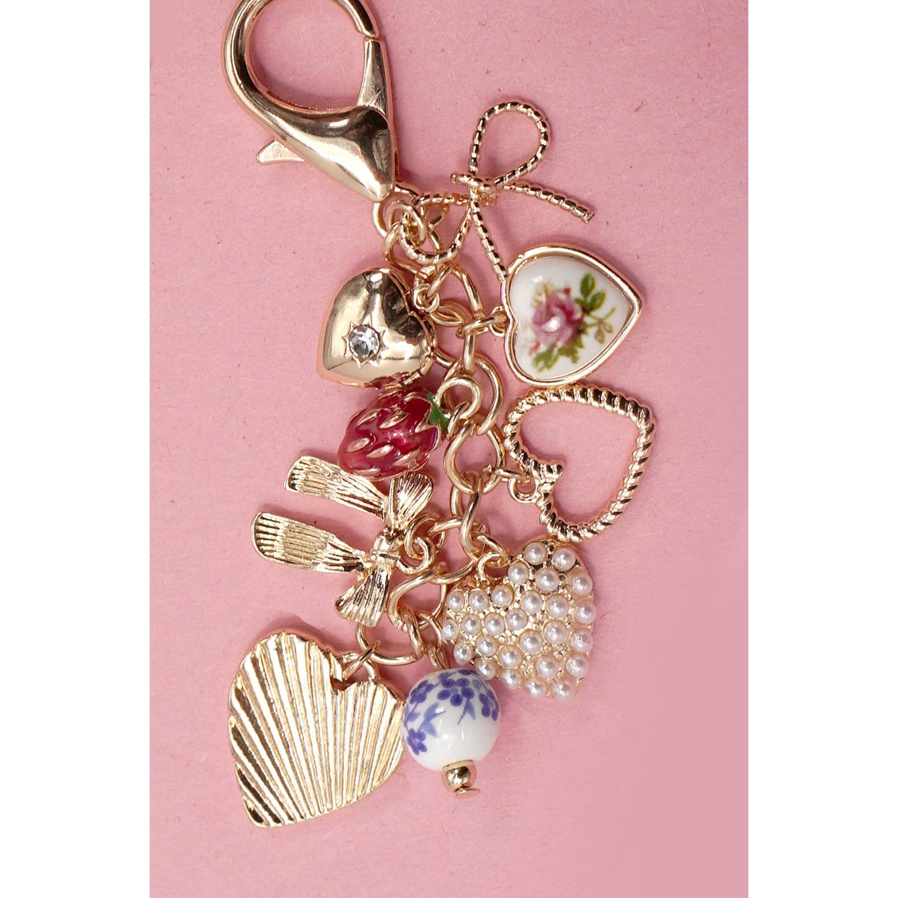 Porcelain Coquettecore Bows Hearts Pearl Strawberry Bag Charm in Gold Plating | 3.5" Long Keychain Tote Purse Accessories