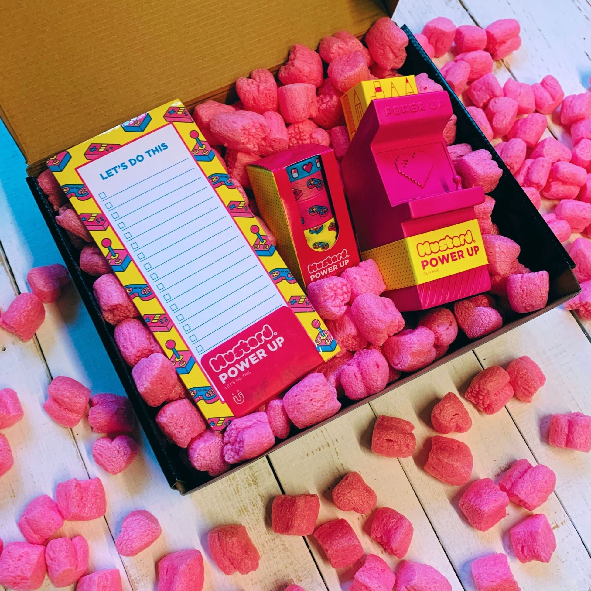 Power Up '90s Gamer Gift Box with Compostable Pink Heart Packing Peanuts