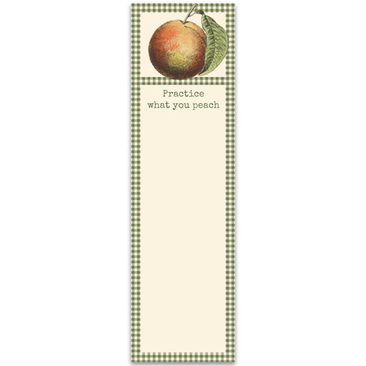 Notepad with a peach illustration and text on a checkered border