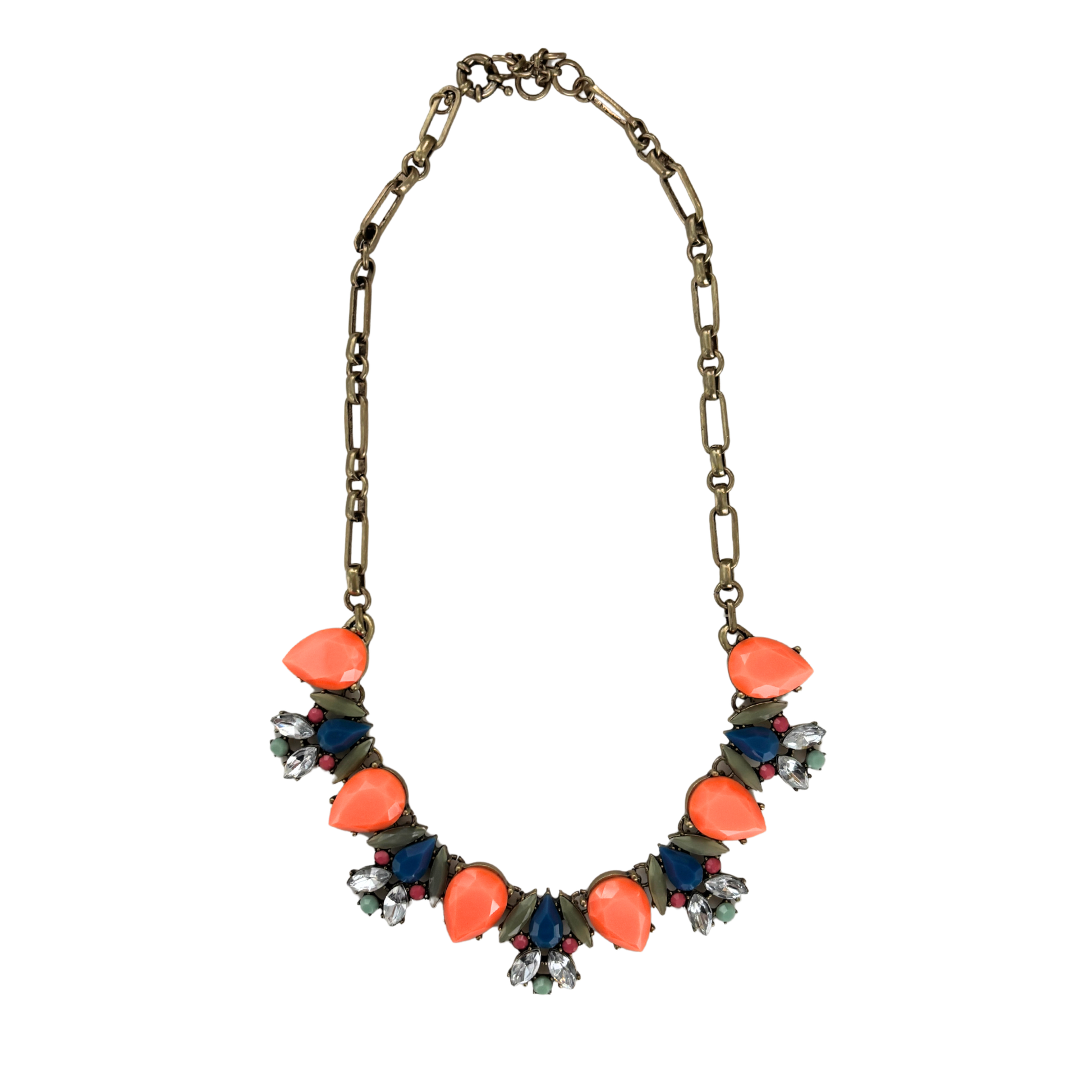 Preppy Tangerine Statement Necklace | Orange, Olive & Navy Gems with Rhinestones | Bronze Hardware-Paper & Quartz-The Bullish Store
