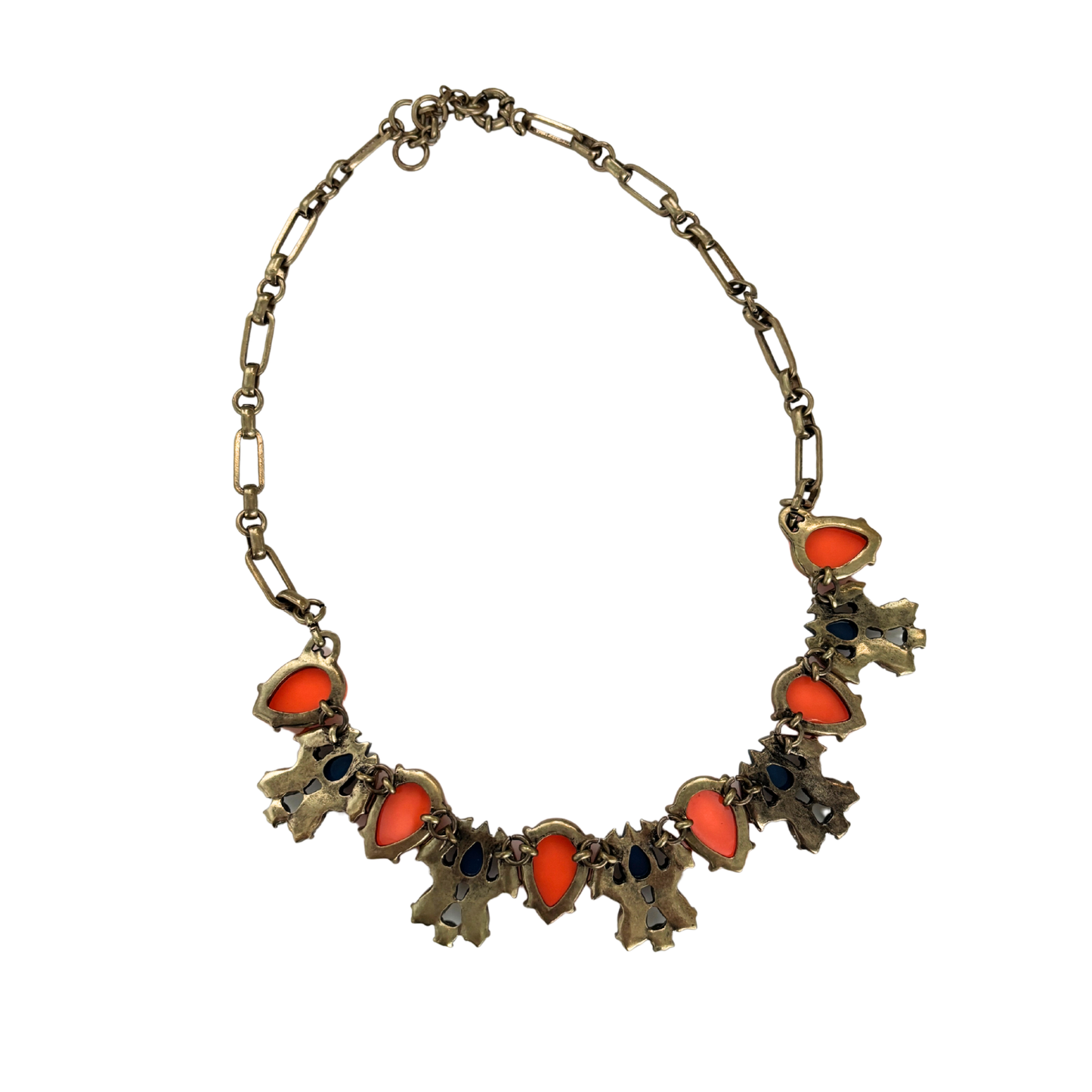 Preppy Tangerine Statement Necklace | Orange, Olive & Navy Gems with Rhinestones | Bronze Hardware-Paper & Quartz-The Bullish Store