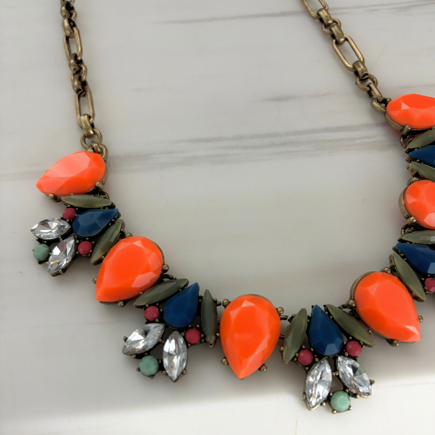 Preppy Tangerine Statement Necklace | Orange, Olive & Navy Gems with Rhinestones | Bronze Hardware-Paper & Quartz-The Bullish Store