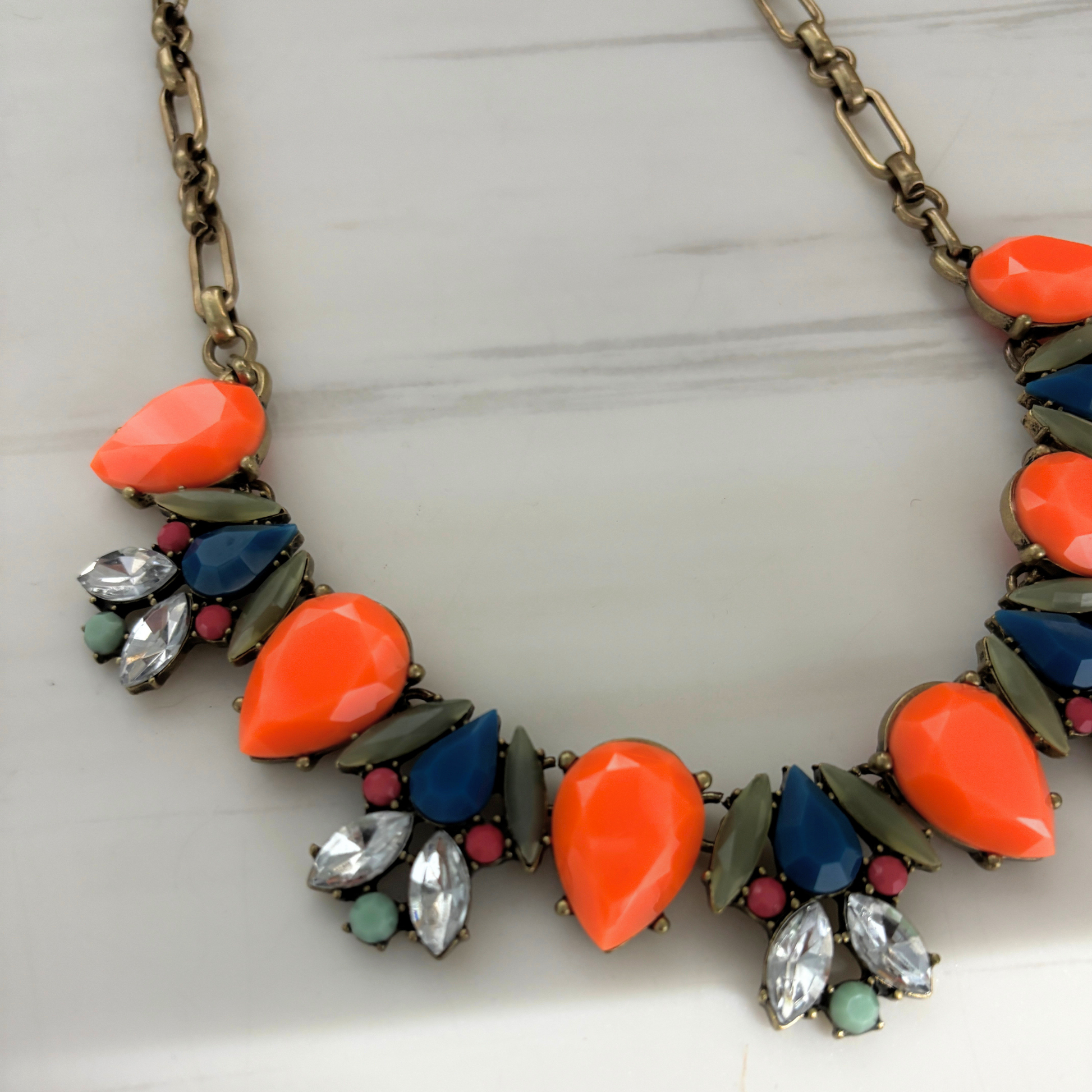 Preppy Tangerine Statement Necklace | Orange, Olive & Navy Gems with Rhinestones | Bronze Hardware-Paper & Quartz-The Bullish Store