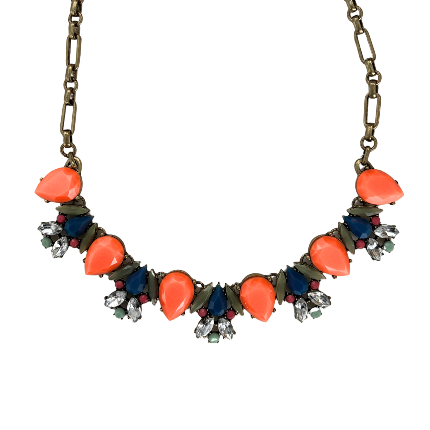 Preppy Tangerine Statement Necklace | Orange, Olive & Navy Gems with Rhinestones | Bronze Hardware-Paper & Quartz-The Bullish Store