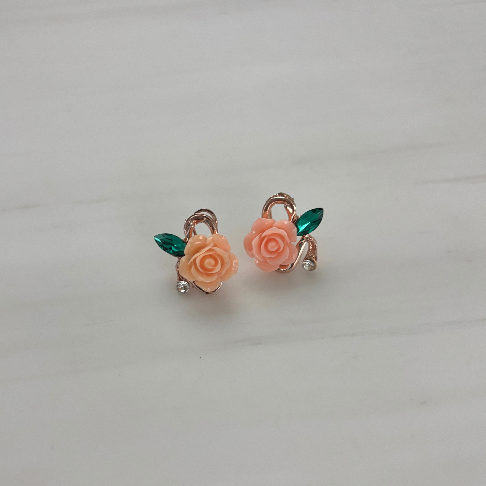 Prettiest Rose Sculpted Stud Earrings | Peachy-Pink Rose, Jeweled Leaf, Rose Gold | 1/2"