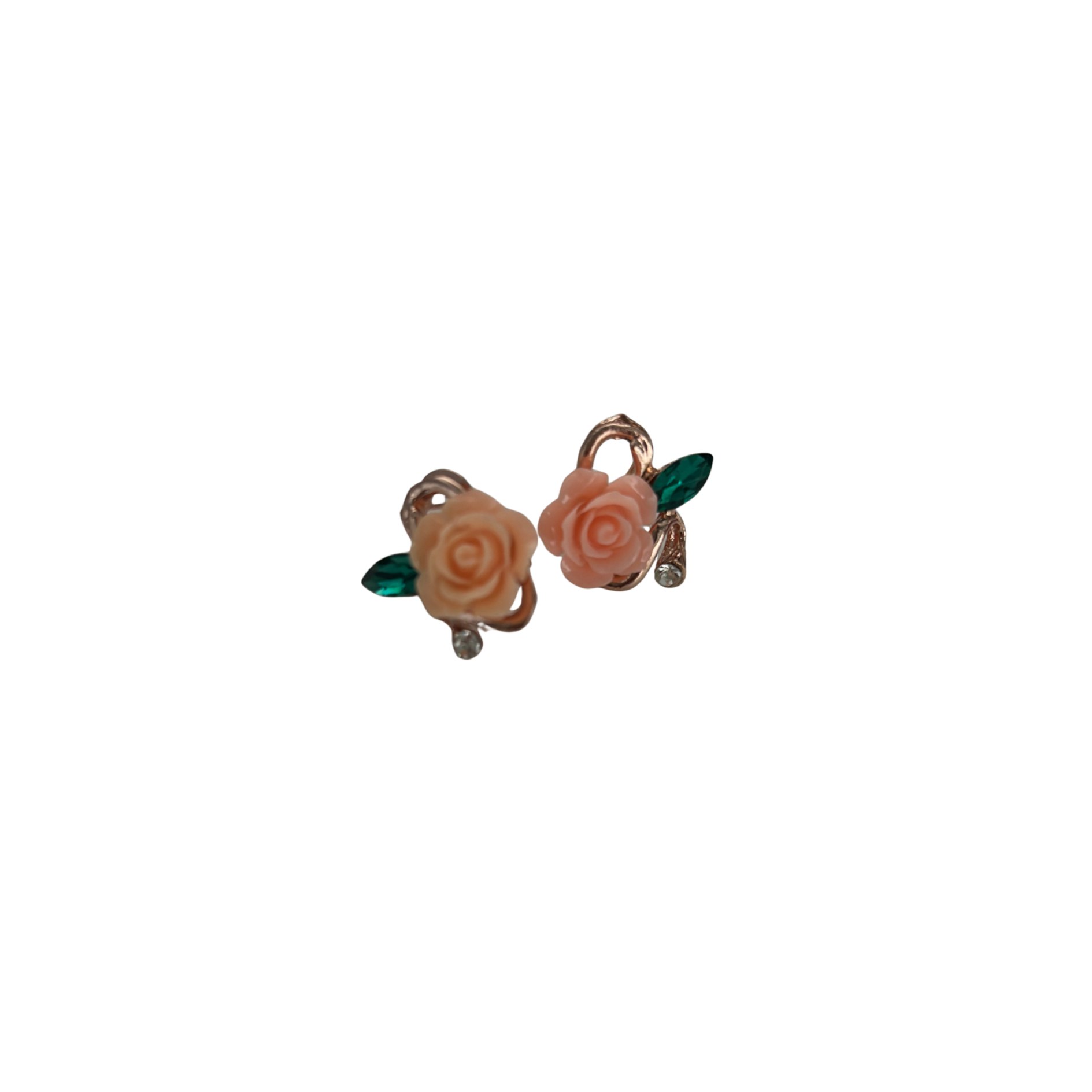 Prettiest Rose Sculpted Stud Earrings | Peachy-Pink Rose, Jeweled Leaf, Rose Gold | 1/2"