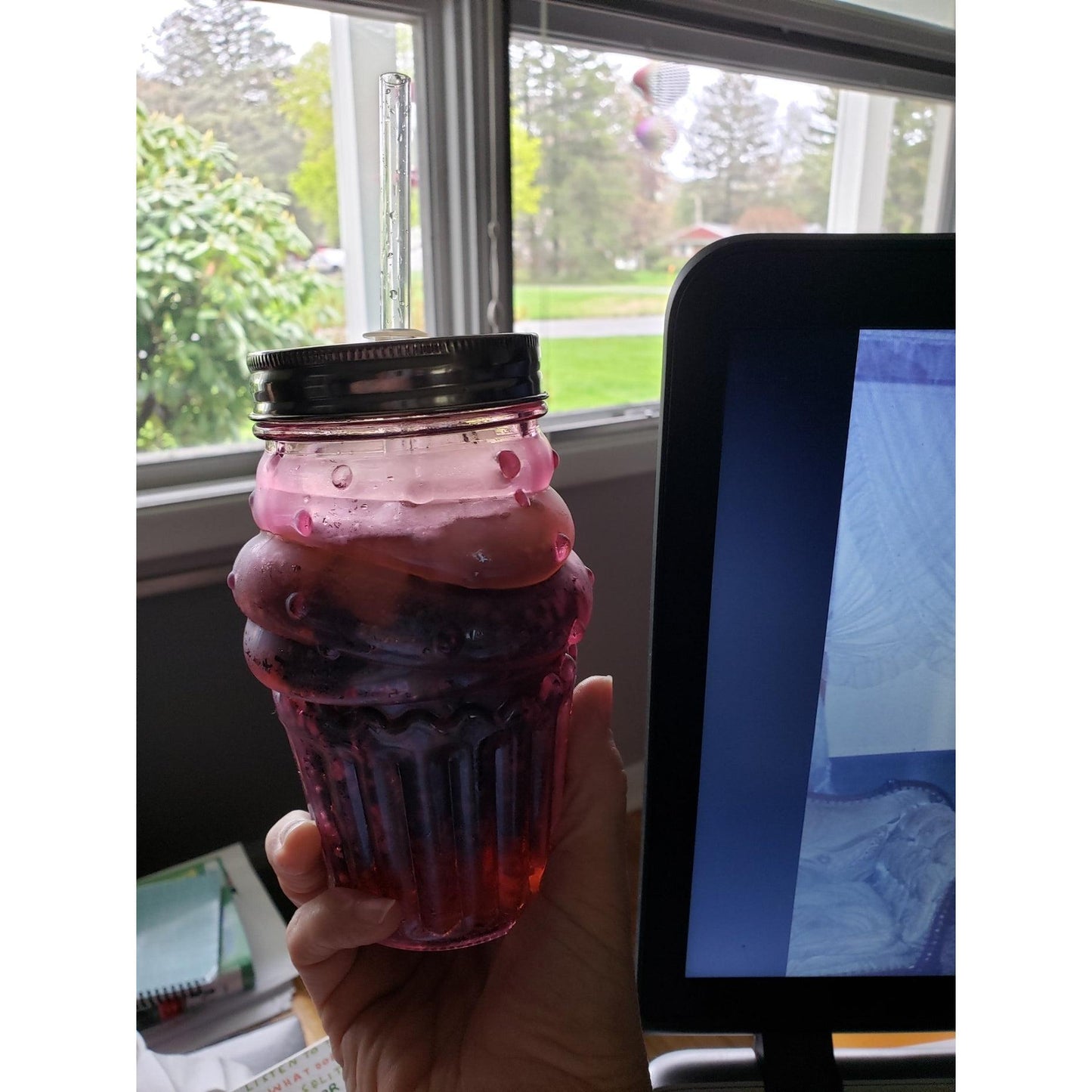 Pretty Pink Cupcake Sipper Glass | Wine or Cocktail Glass with Straw for Indoors or Outdoors