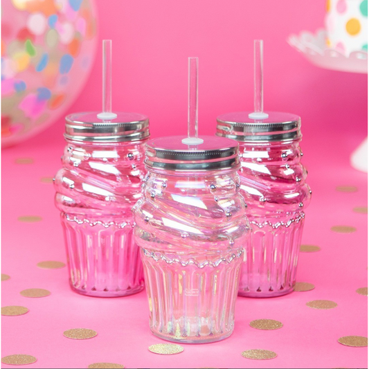 Pretty Pink Cupcake Sipper Glass | Wine or Cocktail Glass with Straw for Indoors or Outdoors