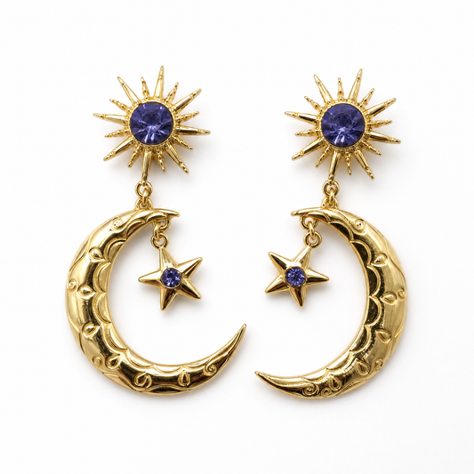 Pretty Star Moon Sapphire Earrings | Celestial Mystic Blue Dangle Earrings