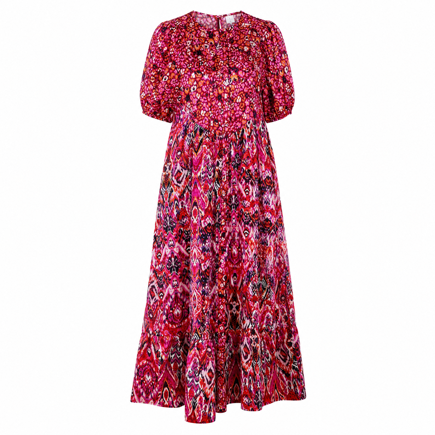 Printed Ruffle Hem Short Sleeve Midi Dress in Red [Size SM-L]