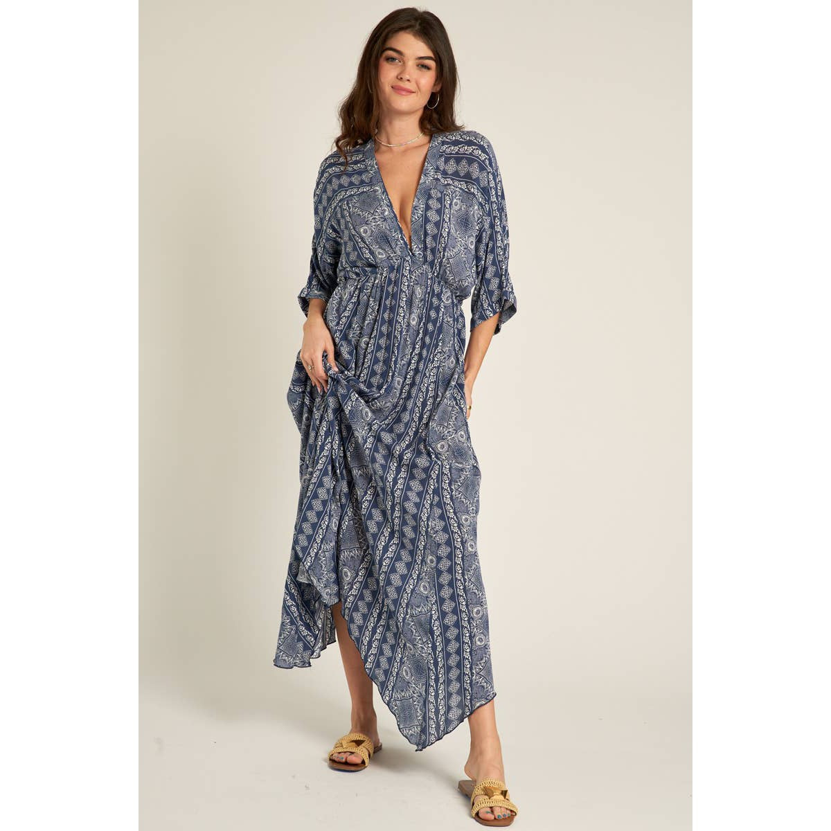 Printed Stripe Kimono Sleeve Maxi Dress [Available in Small and Large Only]