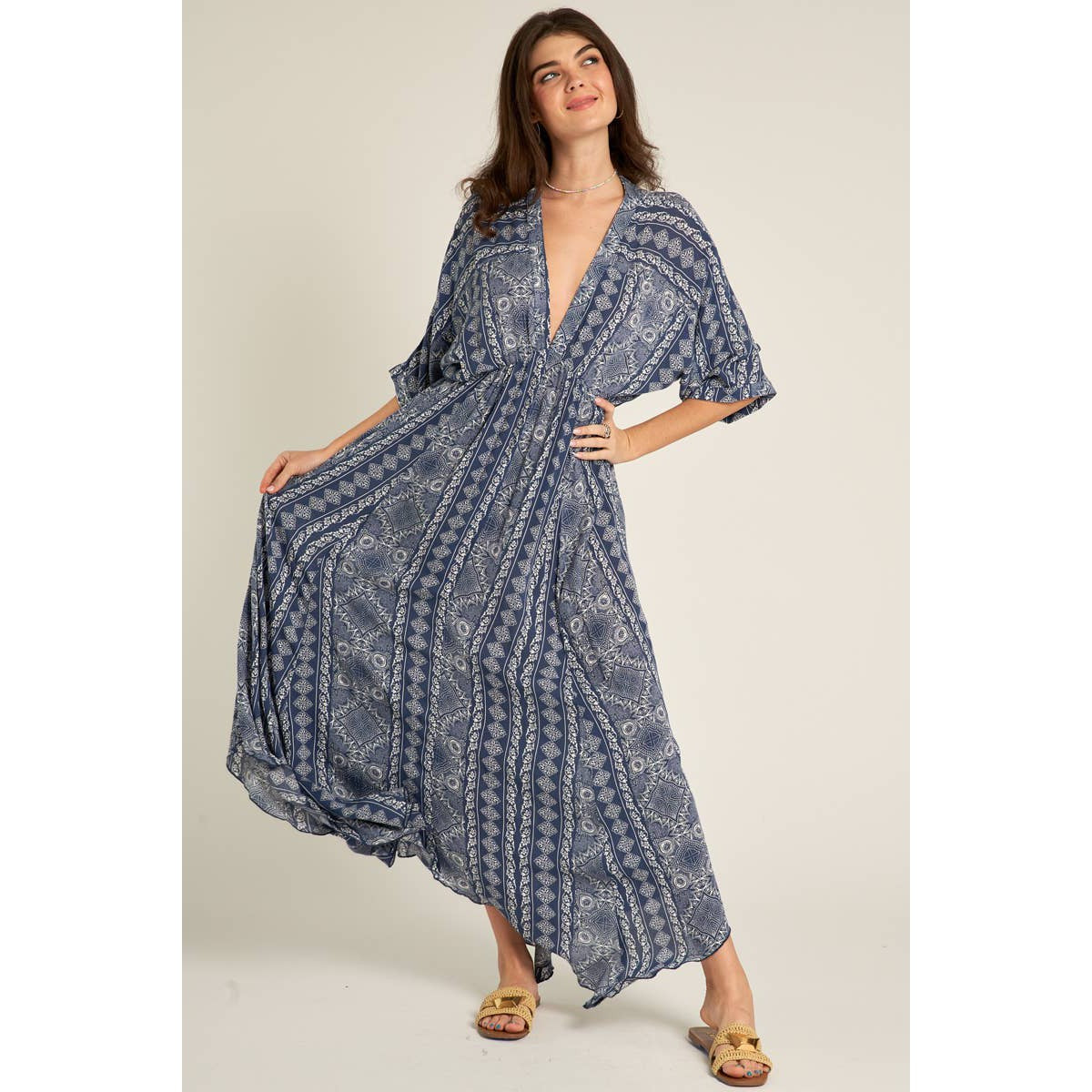 Printed Stripe Kimono Sleeve Maxi Dress [Available in Small and Large Only]