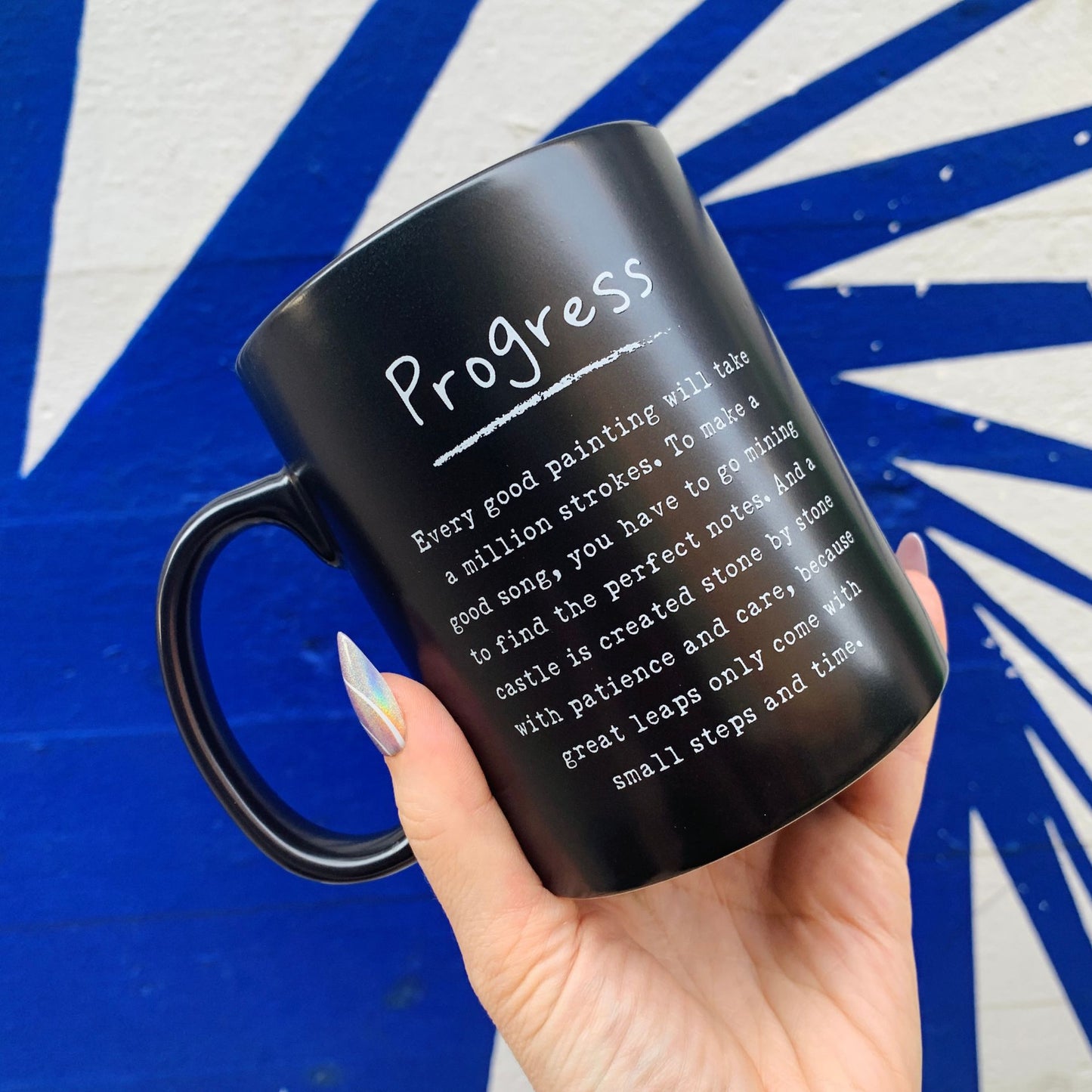 Progress Mug in Matte Black | Double-sided Stoneware Coffee Tea Cup | 20oz