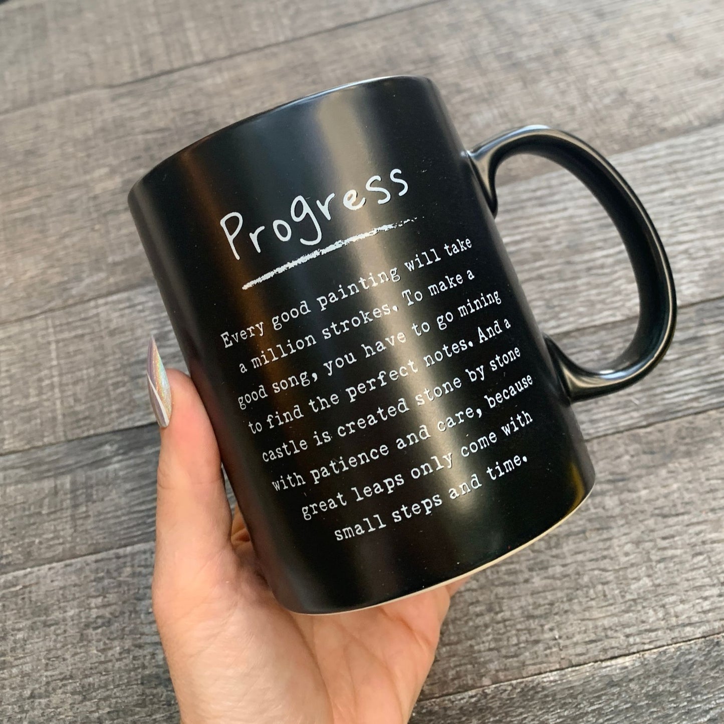 Progress Mug in Matte Black | Double-sided Stoneware Coffee Tea Cup | 20oz