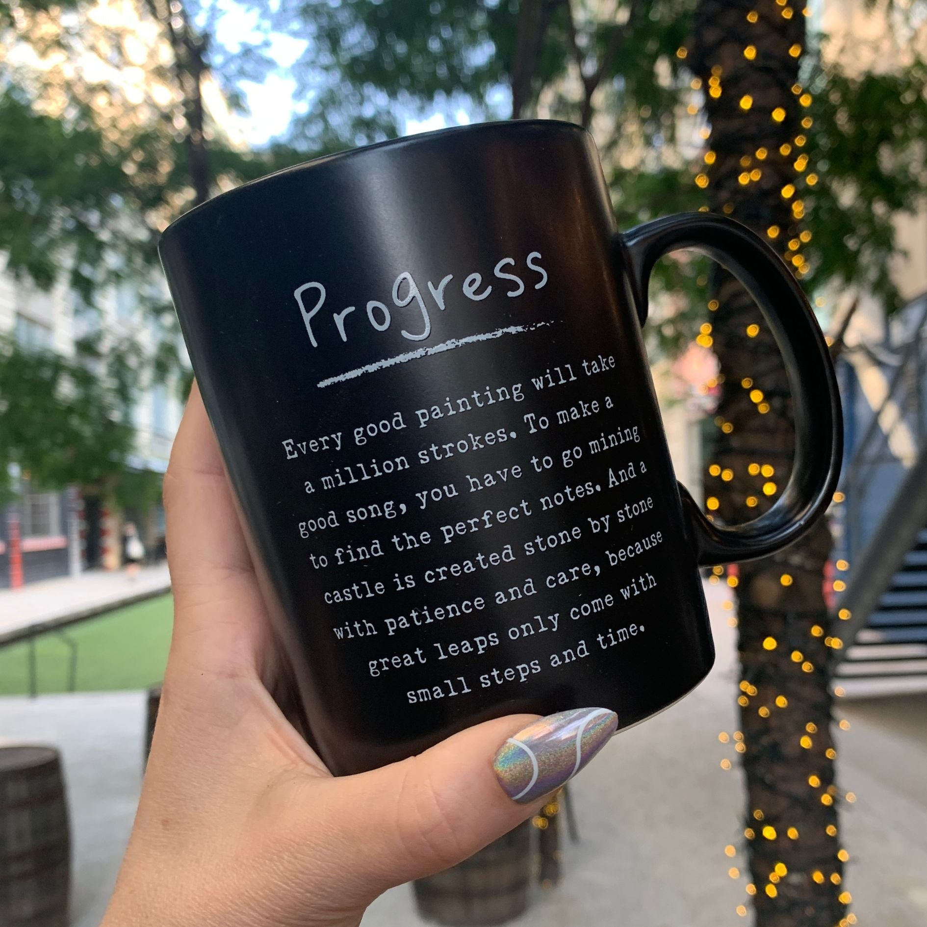 Progress Mug in Matte Black | Double-sided Stoneware Coffee Tea Cup | 20oz