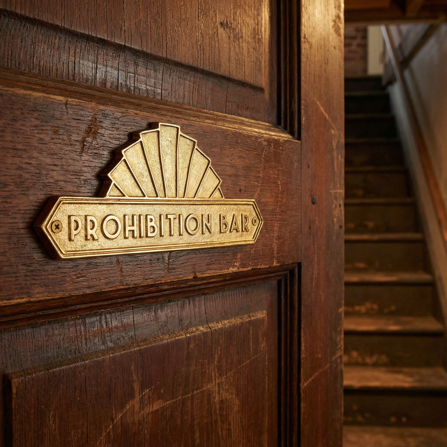 Prohibition Bar Door Plaque Wall Decor | Antique Brass Vintage Bar Hanging Metal Display | 9" x 3.50"