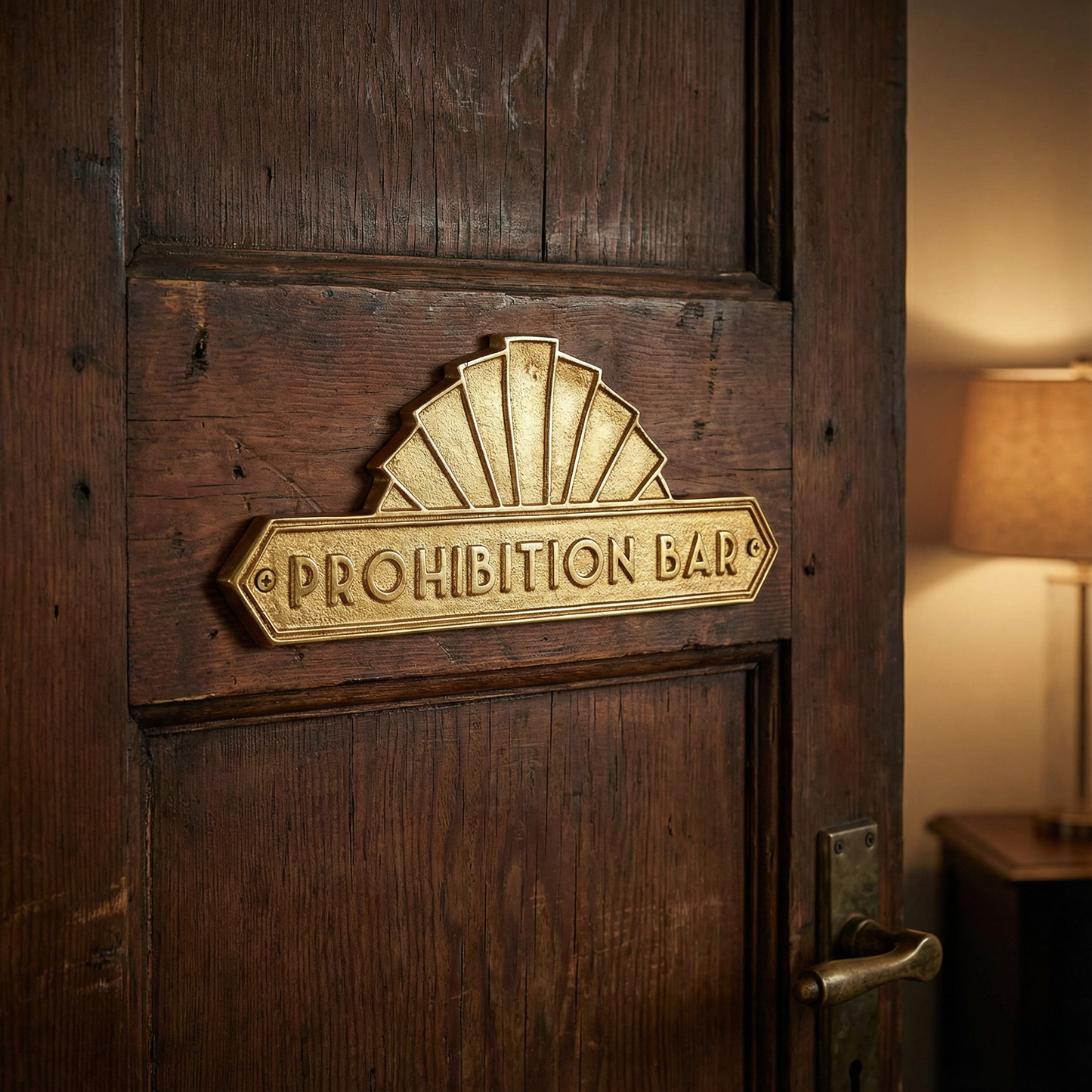Prohibition Bar Door Plaque Wall Decor | Antique Brass Vintage Bar Hanging Metal Display | 9" x 3.50"