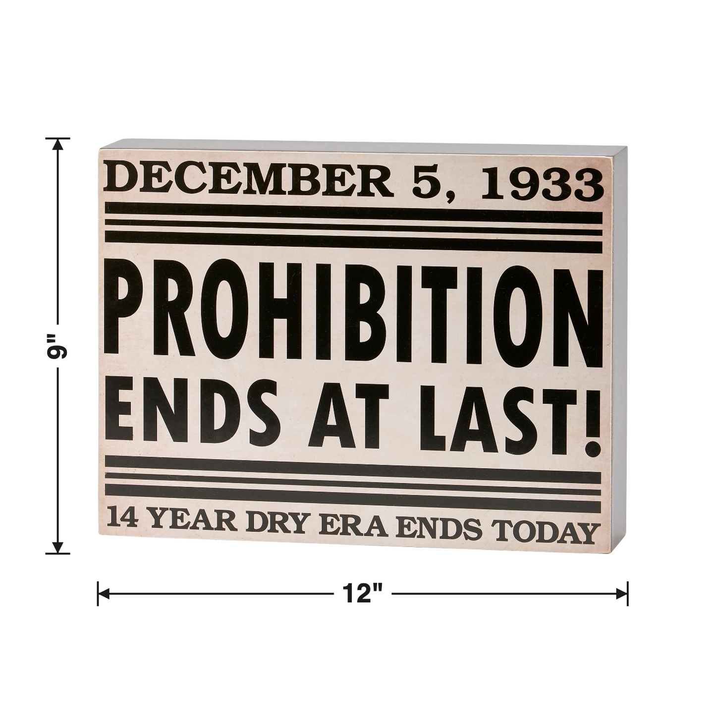 Prohibition Ends At Last Box Sign size chart