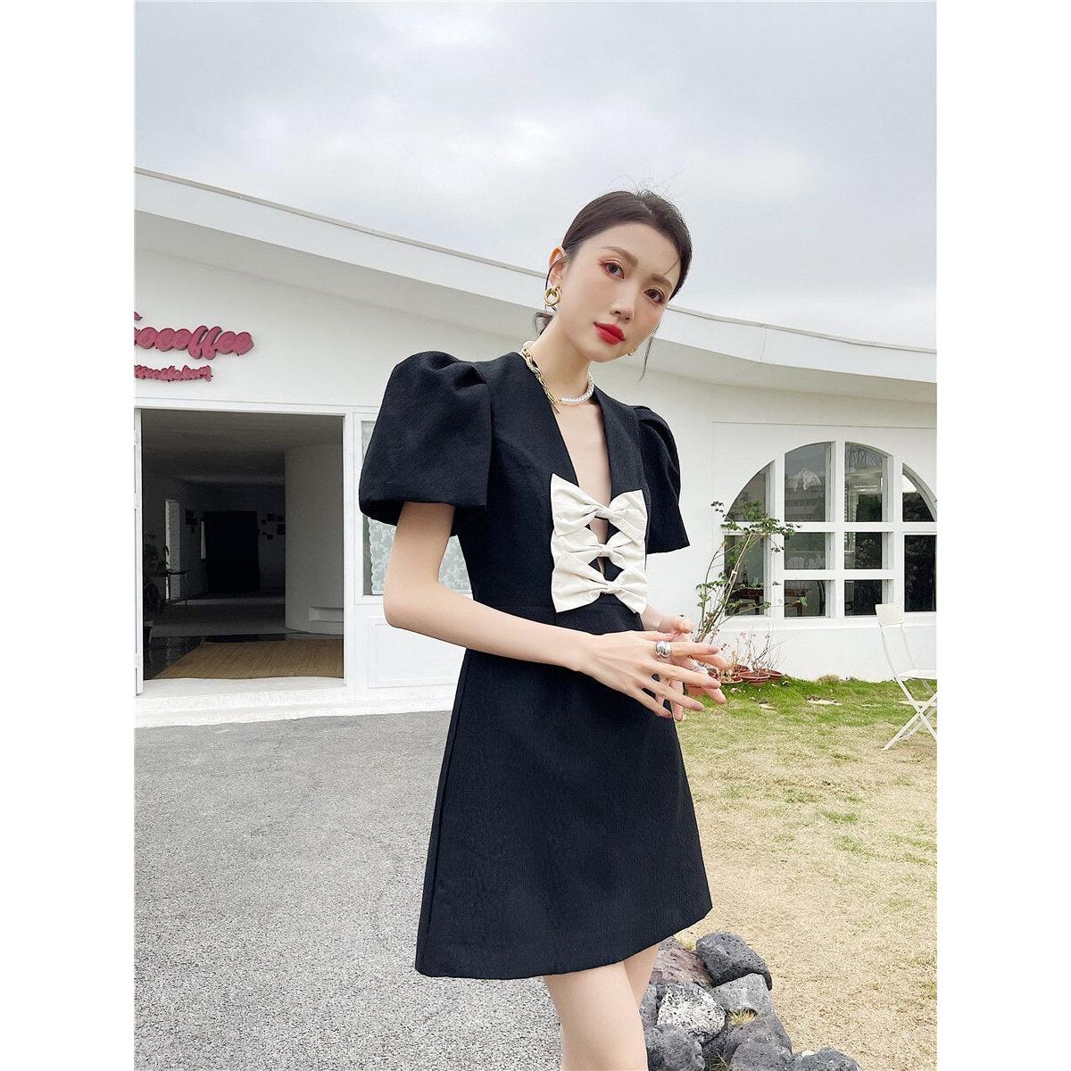 Puff Sleeve Mini Dress with Statement Front Bows | Trendy Contemporary Design [SM-XL]