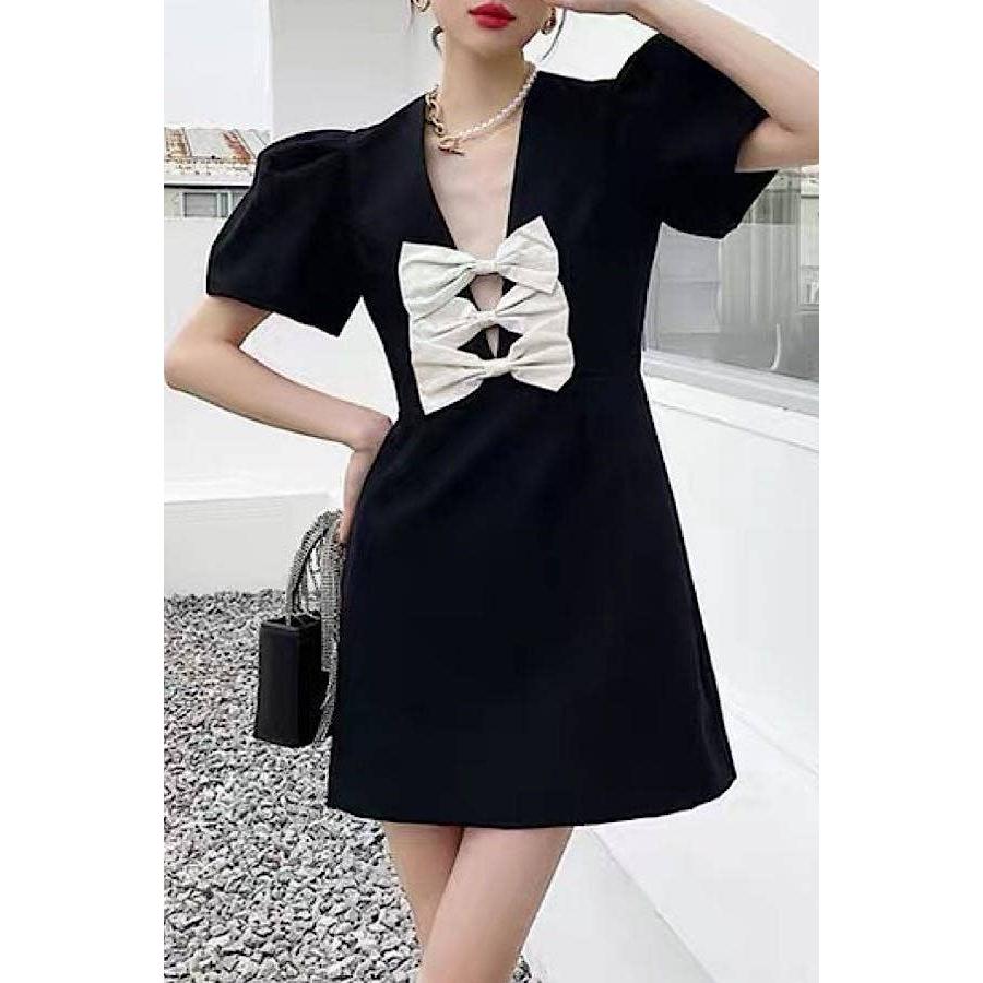 Puff Sleeve Mini Dress with Statement Front Bows | Trendy Contemporary Design [SM-XL]