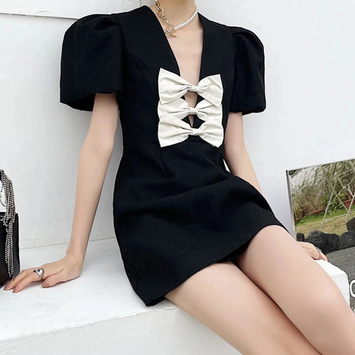 Puff Sleeve Mini Dress with Statement Front Bows | Trendy Contemporary Design [SM-XL]