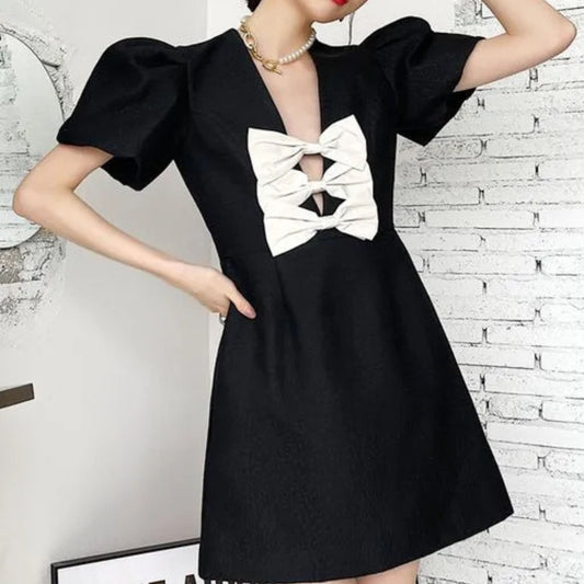 Puff Sleeve Mini Dress with Statement Front Bows | Trendy Contemporary Design [SM-XL]