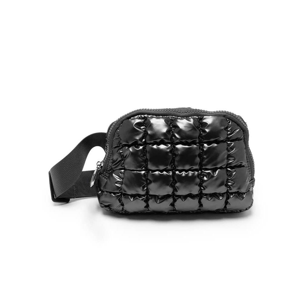 Puffer Metallic Black Adjustable Belt Bag | Stylish Crossbody Waist Bag