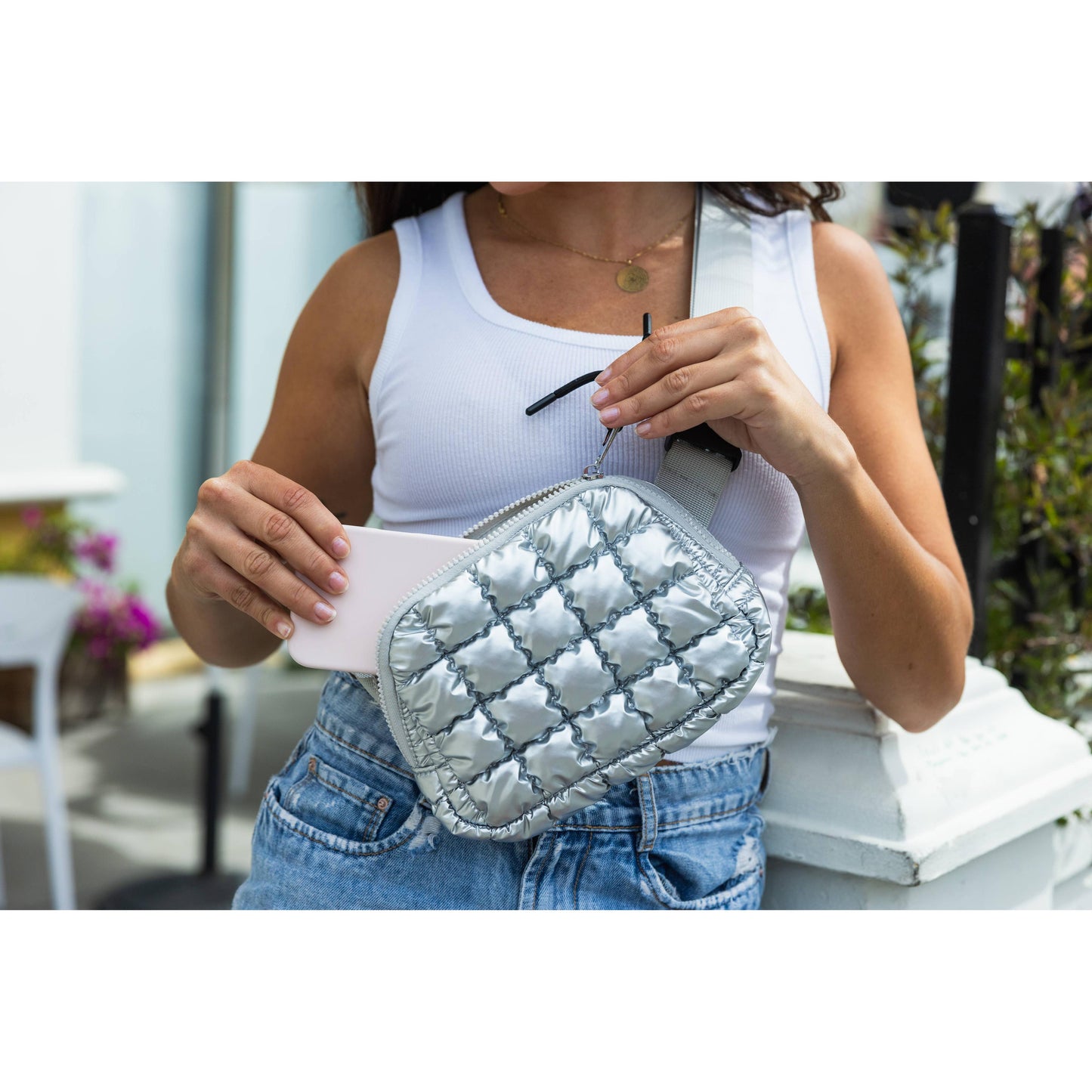 Puffer Metallic Silver Adjustable Belt Bag | Stylish Crossbody Waist Bag