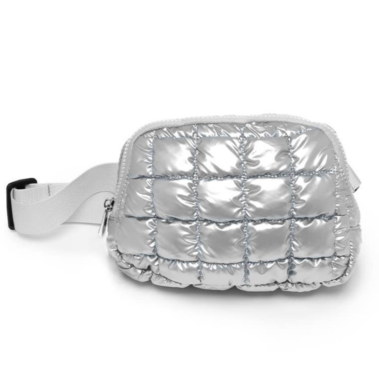 Puffer Metallic Silver Adjustable Belt Bag | Stylish Crossbody Waist Bag