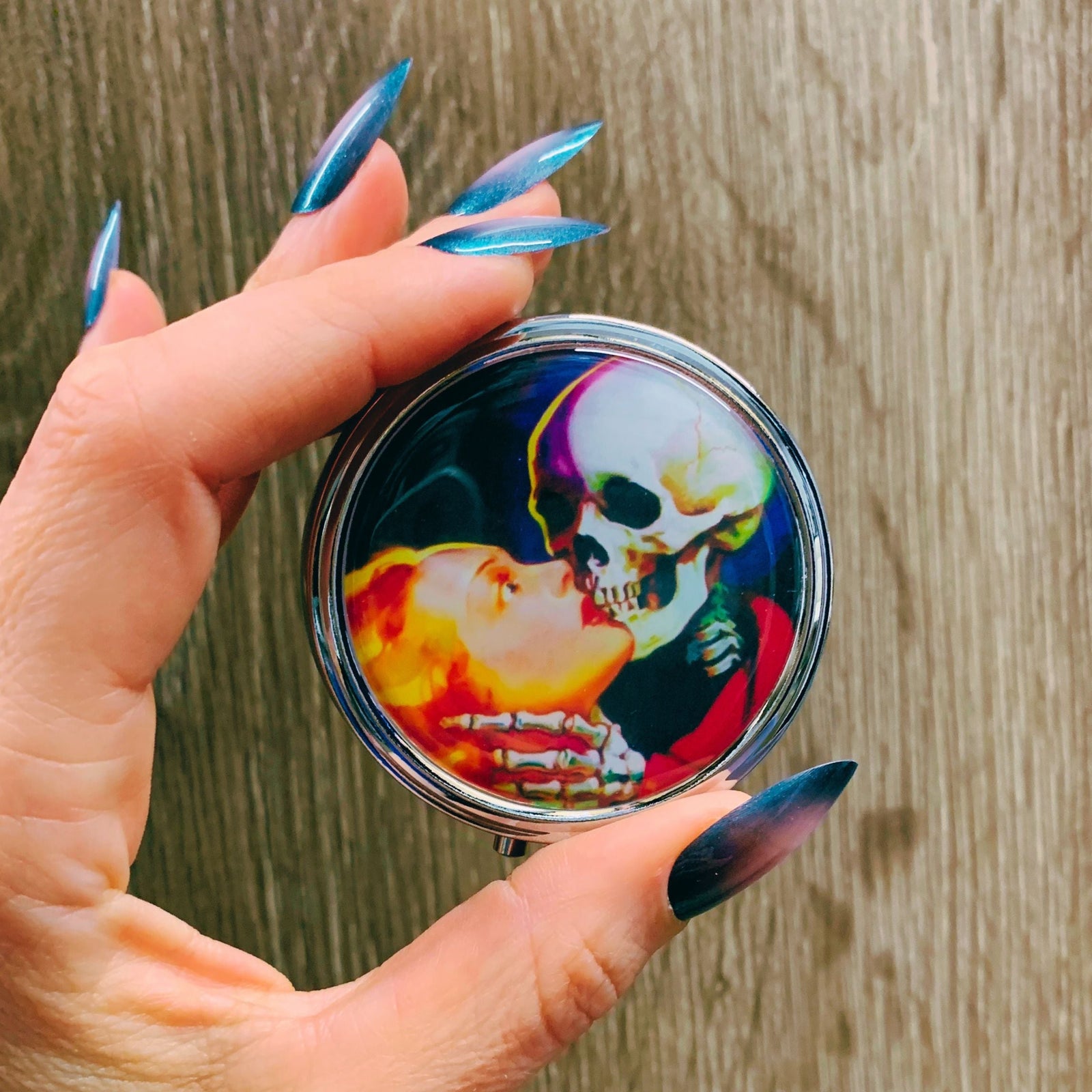 Pulp Fiction Necromance Pill Box | Handmade 2.25" Round Pill Case | Skeleton Kiss Macabre Art Deco Goth