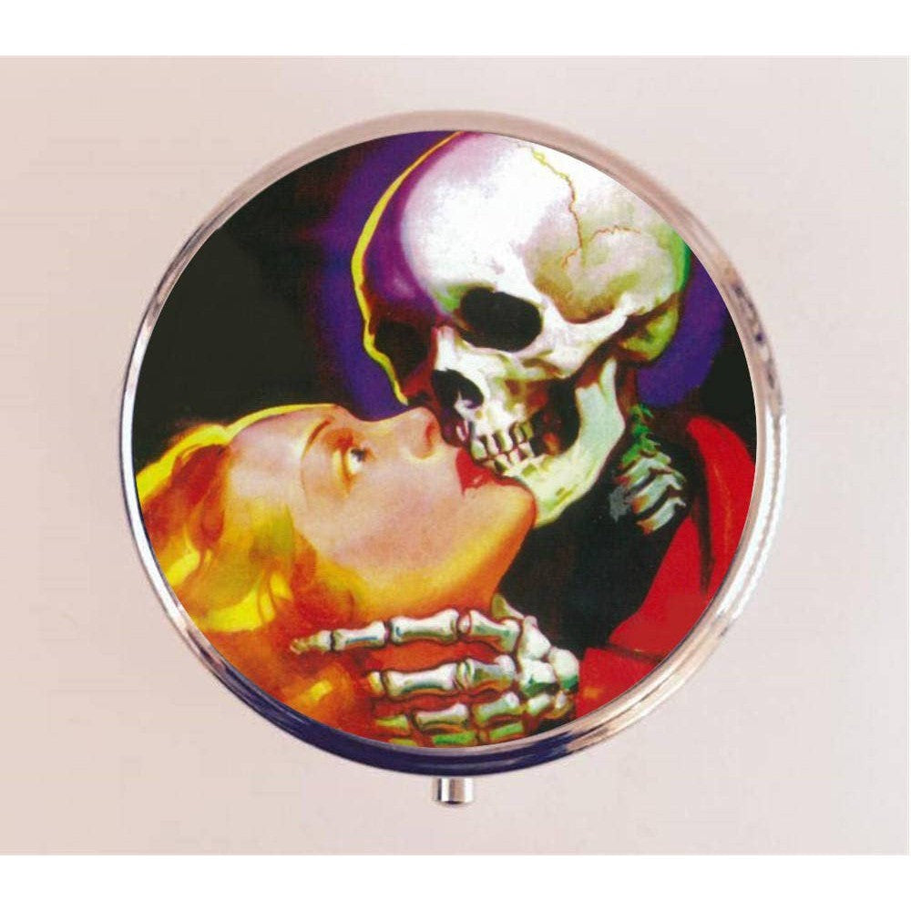 Pulp Fiction Necromance Pill Box | Handmade 2.25" Round Pill Case | Skeleton Kiss Macabre Art Deco Goth