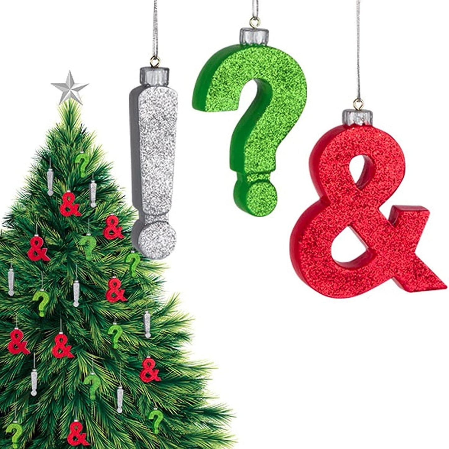 Punctuation Holiday Hanging Ornaments | Boxed Set of 3 | Ampersand, Question Mark and Exclamation Point