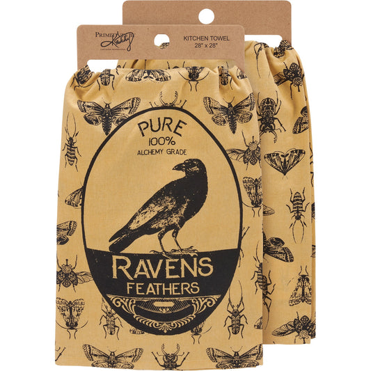 Pure 100% Alchemy Grade Ravens Feathers Cotton Kitchen Towel | Halloween Themed Hand Tea Dish Cloth | 28" x 28"