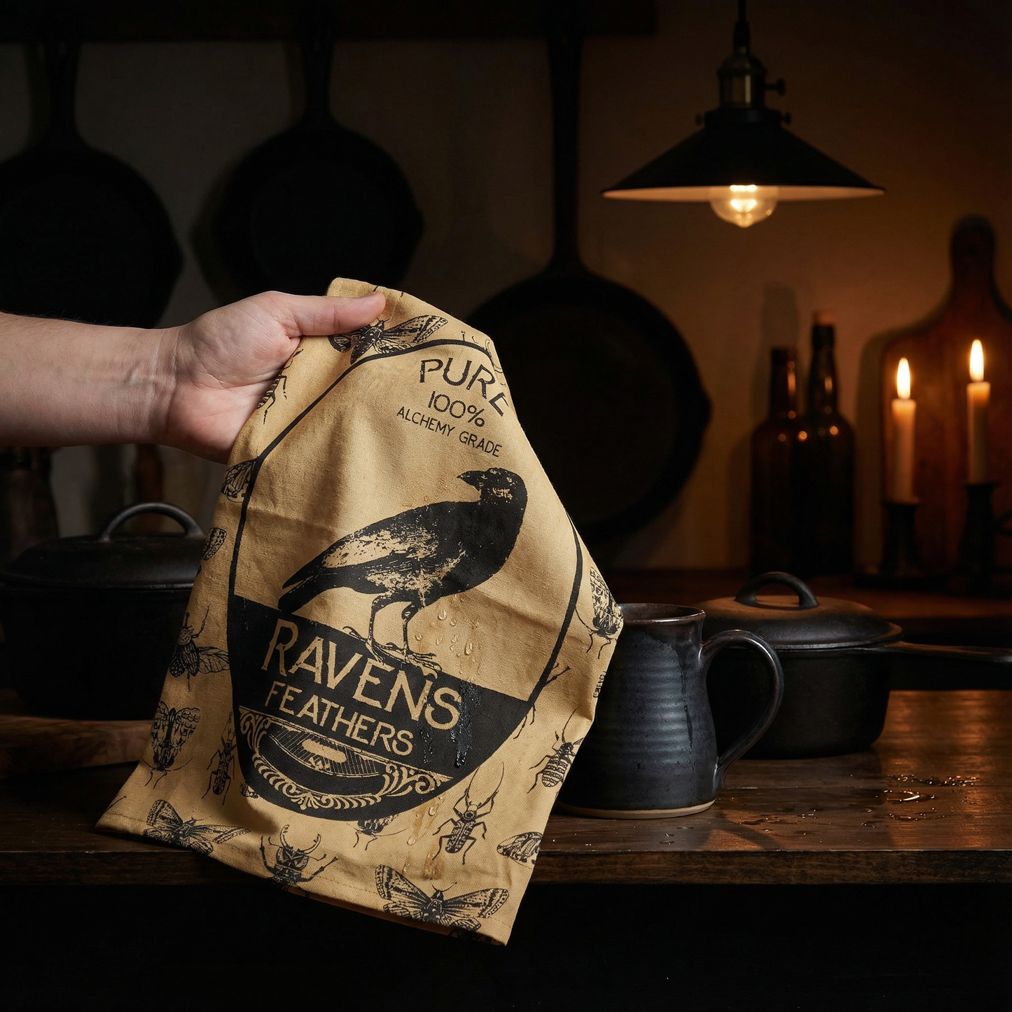 Pure 100% Alchemy Grade Ravens Feathers Cotton Kitchen Towel | Halloween Themed Hand Tea Dish Cloth | 28" x 28"