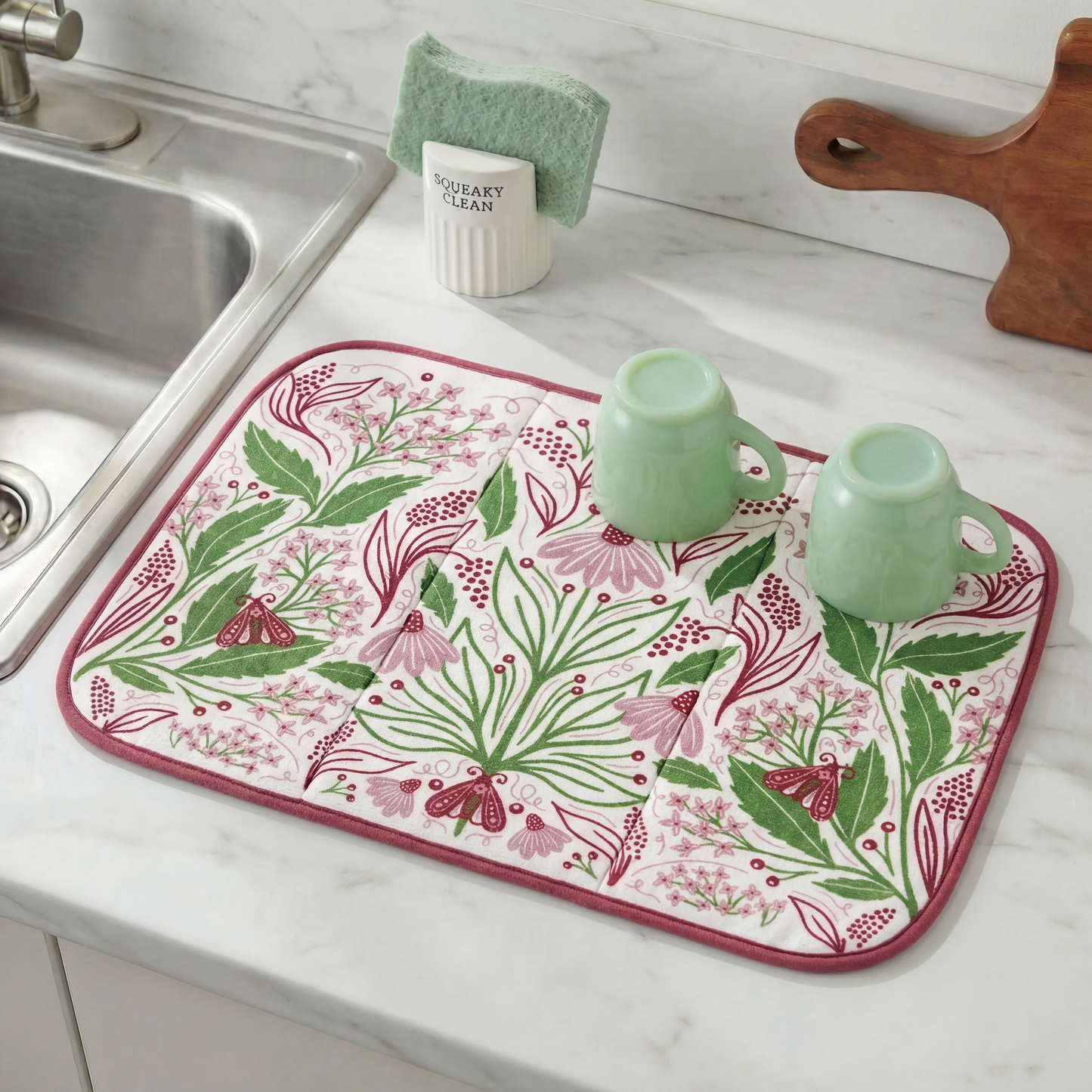 Purple Floral Drying Mat | Folk Art Flower & Butterfly Dish Drainer Pad | 21" x 14"