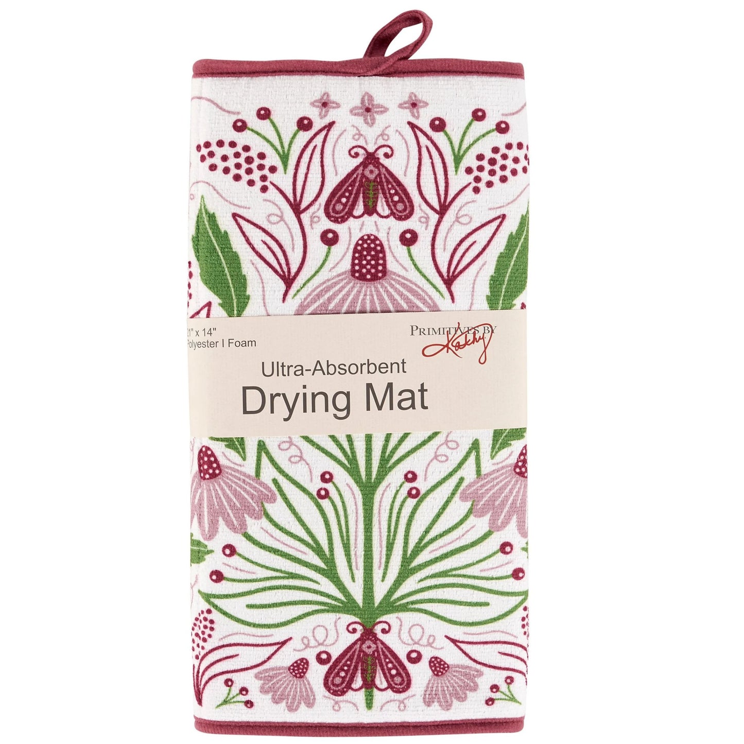 Floral-patterned drying mat with packaging on a white background