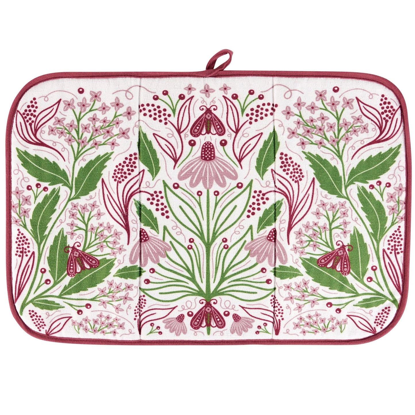 Floral patterned drying mat with green, pink, and red design