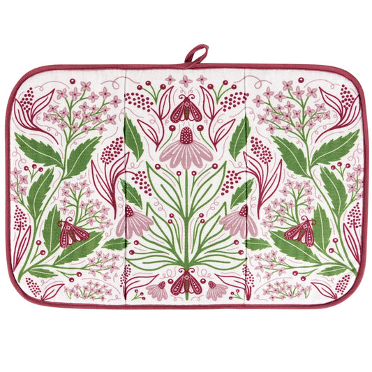 Floral patterned drying mat with green, pink, and red design