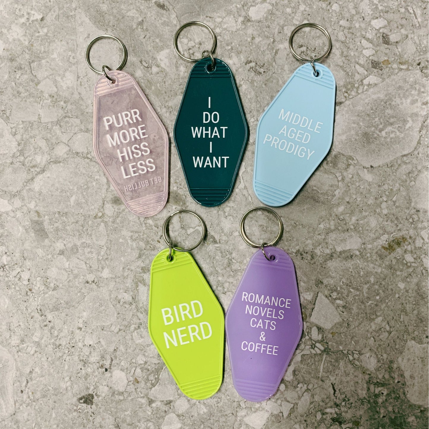 Purr More Hiss Less Motel Style Keychain in Pink Translucent