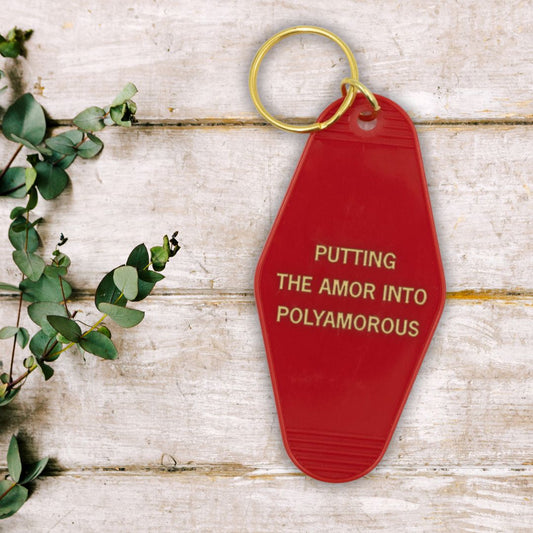 Putting the Amor in Polyamorous Motel Style Keychain in Red and Gold | Polyamory Themed Funny Key Tag