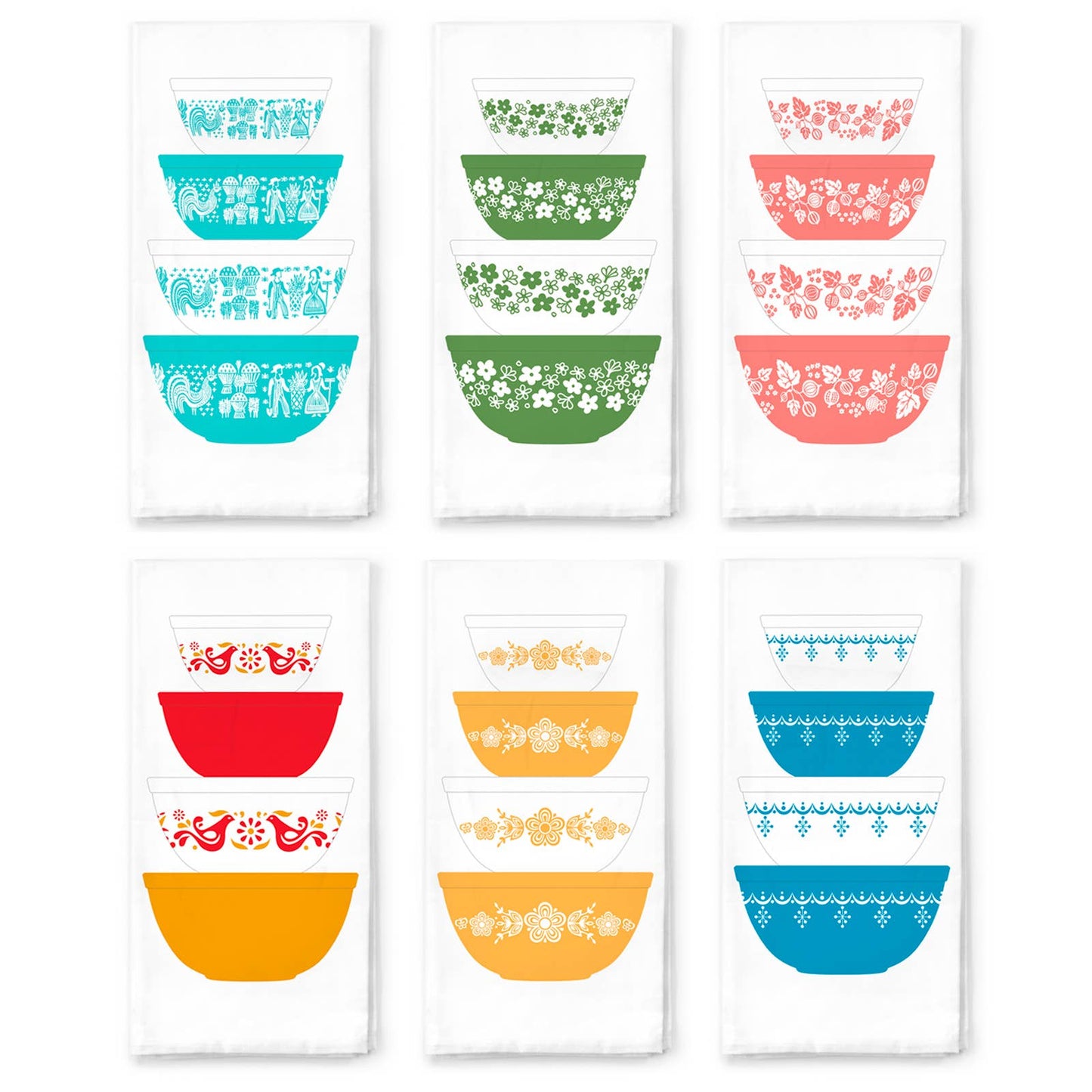 Set of six dish towels with colorful bowls design with patterns 