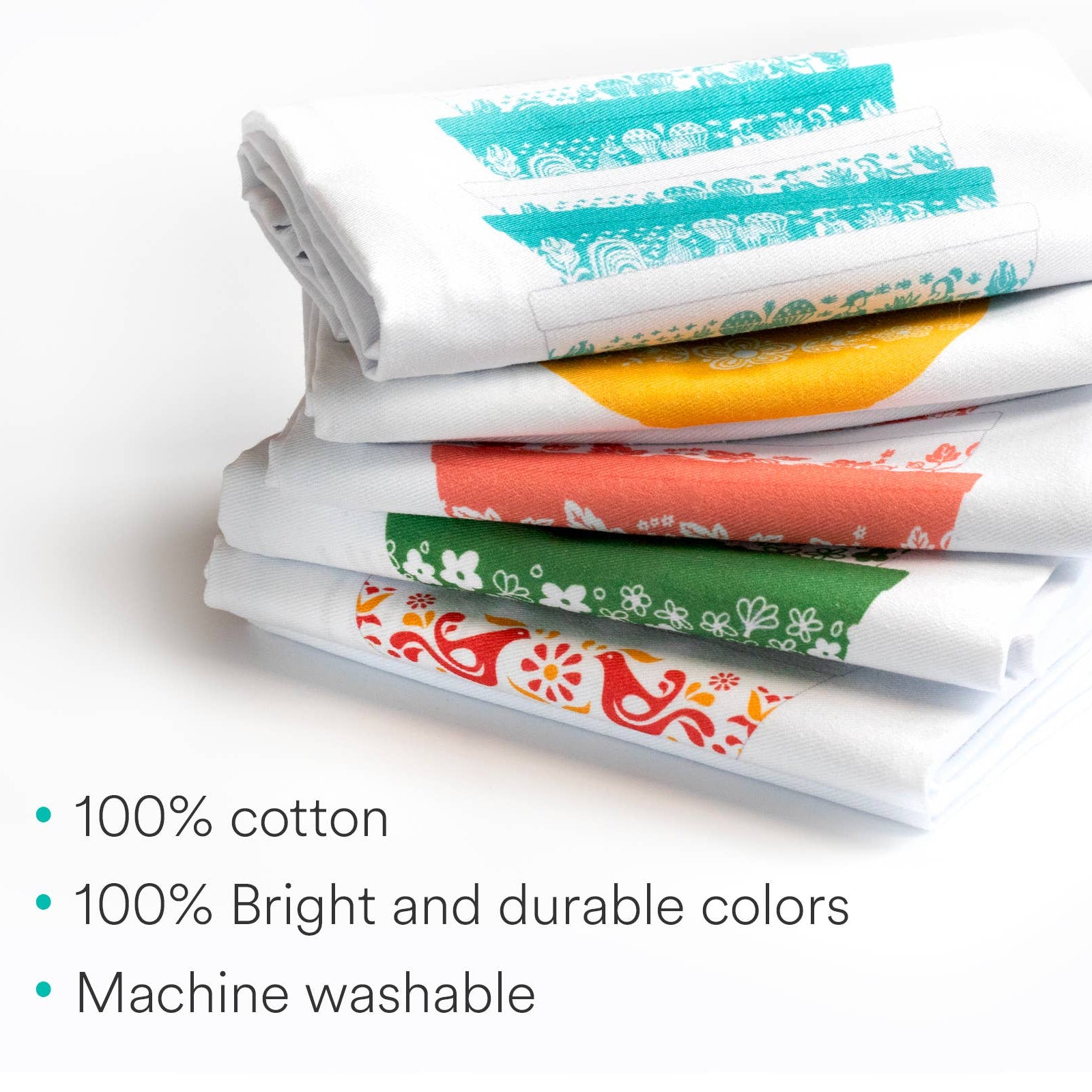 Stack of colorful tea towels with text highlighting features on a white background