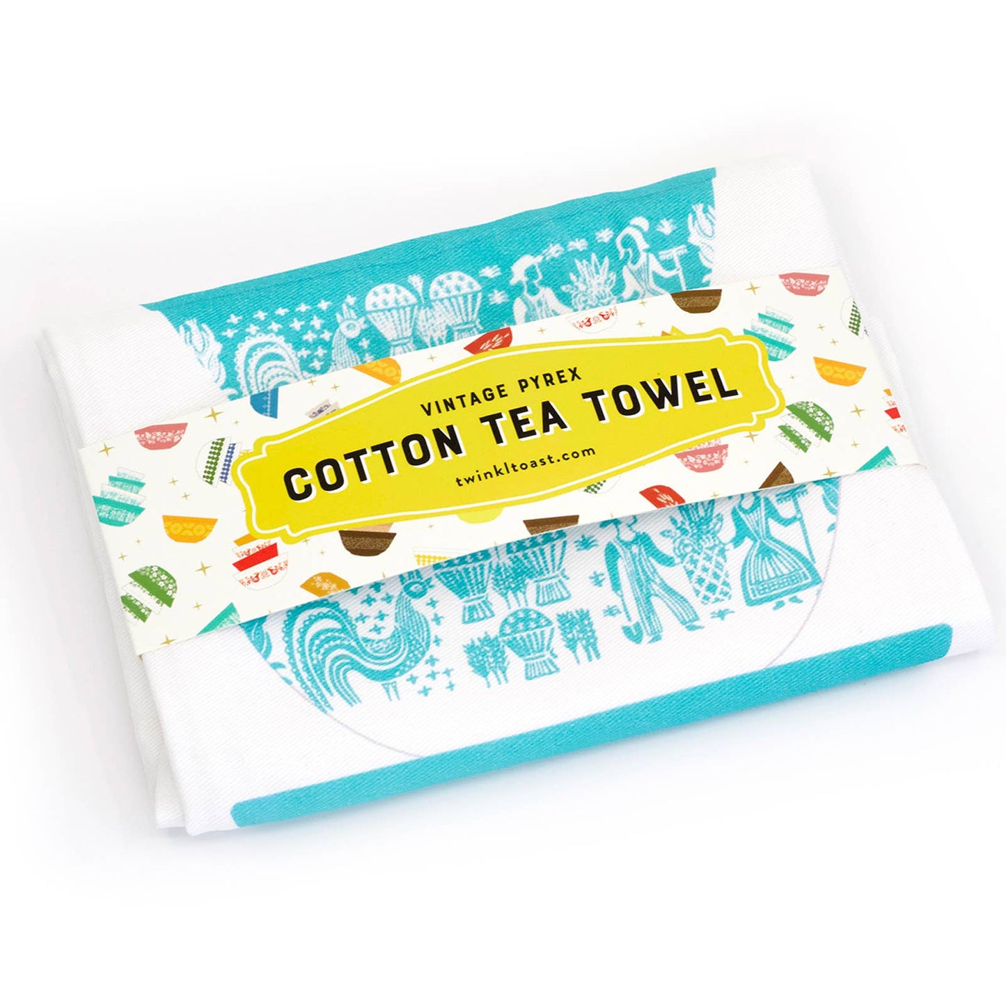 Cotton tea towel with vintage Pyrex design on a white background