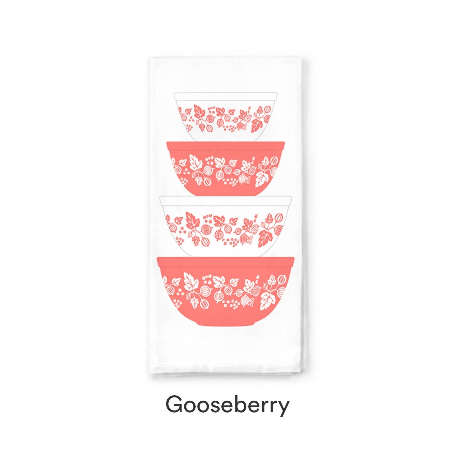 Set of three pink bowls with floral patterns dish towel on a white background, labeled 'Gooseberry'.