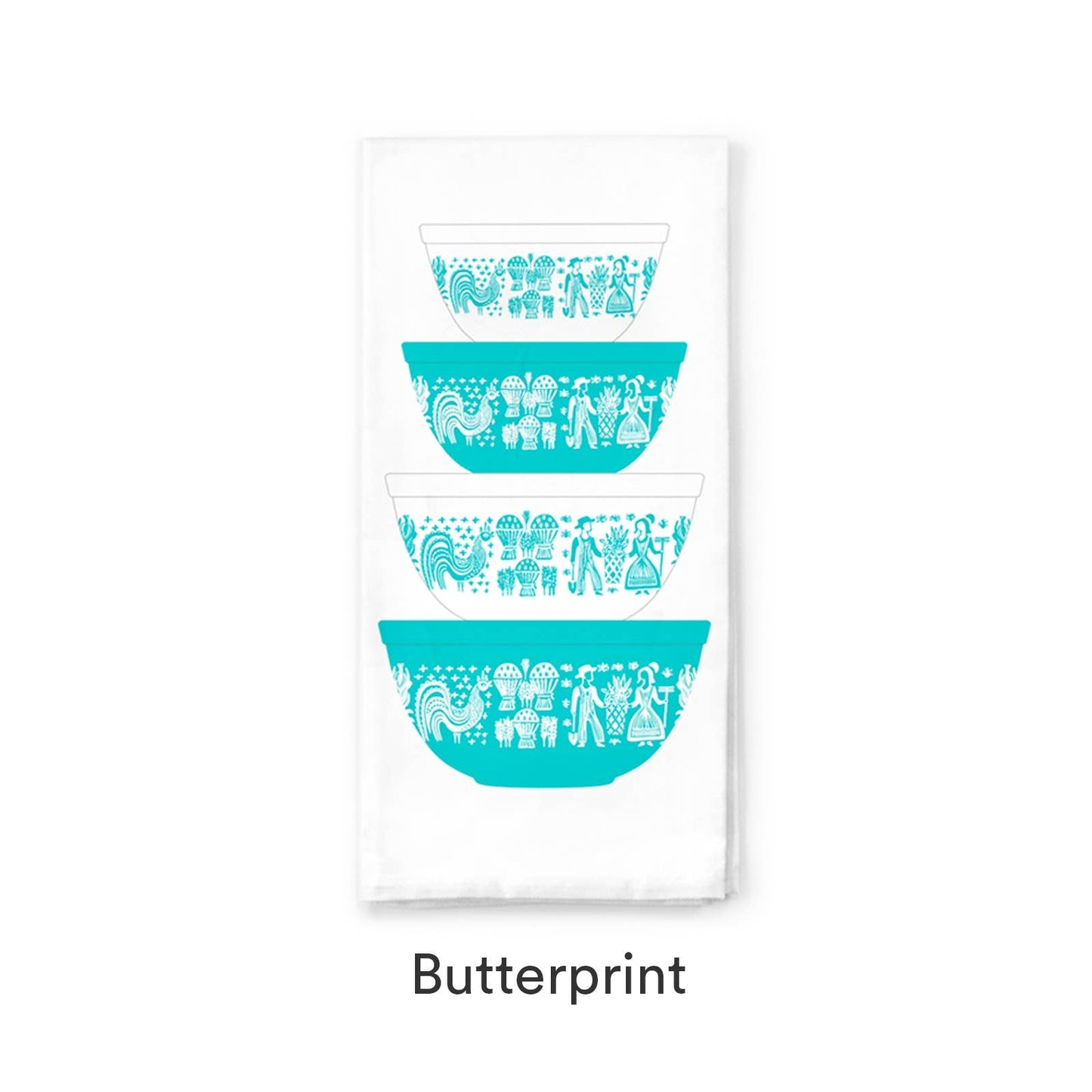 Teal bowls dish towel with patterns on a white background, labeled 'Butterprint'.